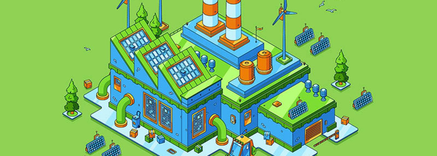 Green manufacturing banner. Modern industry building with renewable power from solar panels and wind turbines. Vector landing page with isometric production plant with eco technologies